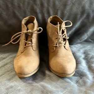 Camel ankle boots, 1” heel